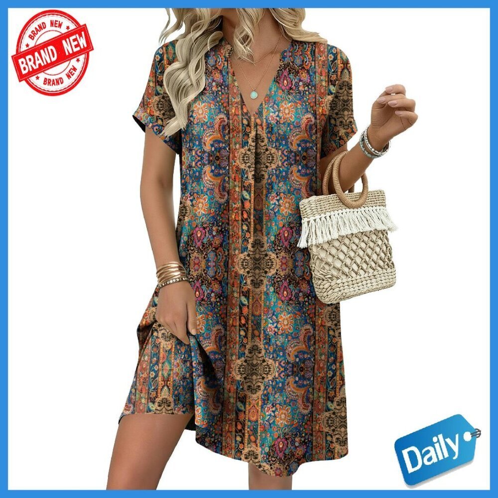 Short Sleeve V-Neck Mini Shift Dress with Pockets, Lightweight Polyester